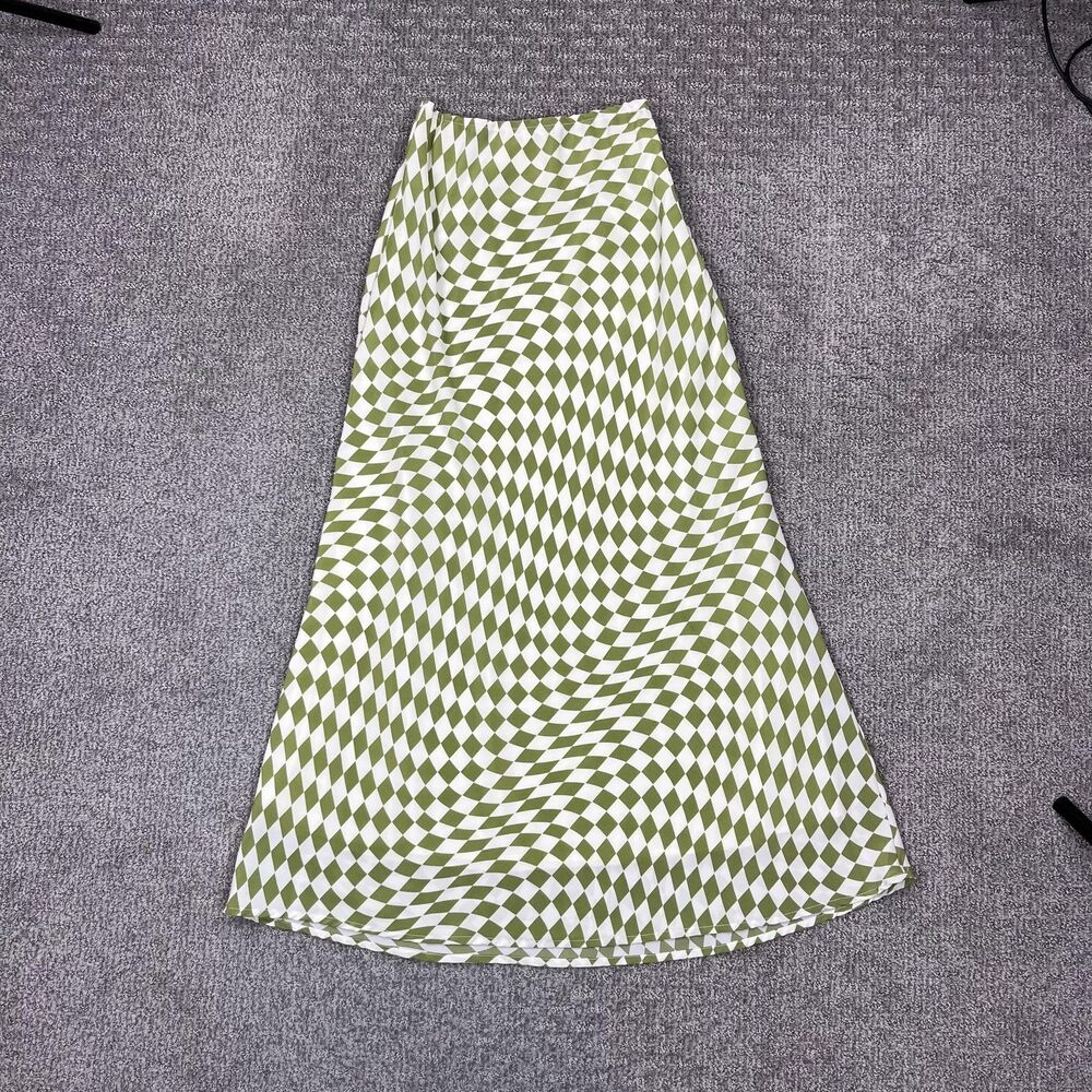 Annorlunda Maxi Skirt Womens 2 Green Geometric Satin A Line Retro Checkered